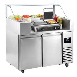 Commercial Refrigerated Prep Table PREMIUM – Glass Top – 2 Doors – 1210 mm – for 9× GN 1/6 - with Contact Grill