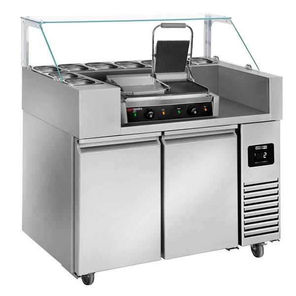 Stół chłodniczy przygotowawczy - 1210x700mm - z 2 drzwi - na 9x GN 1/6 - w zestawie: Cyfrowy grill kontaktowy