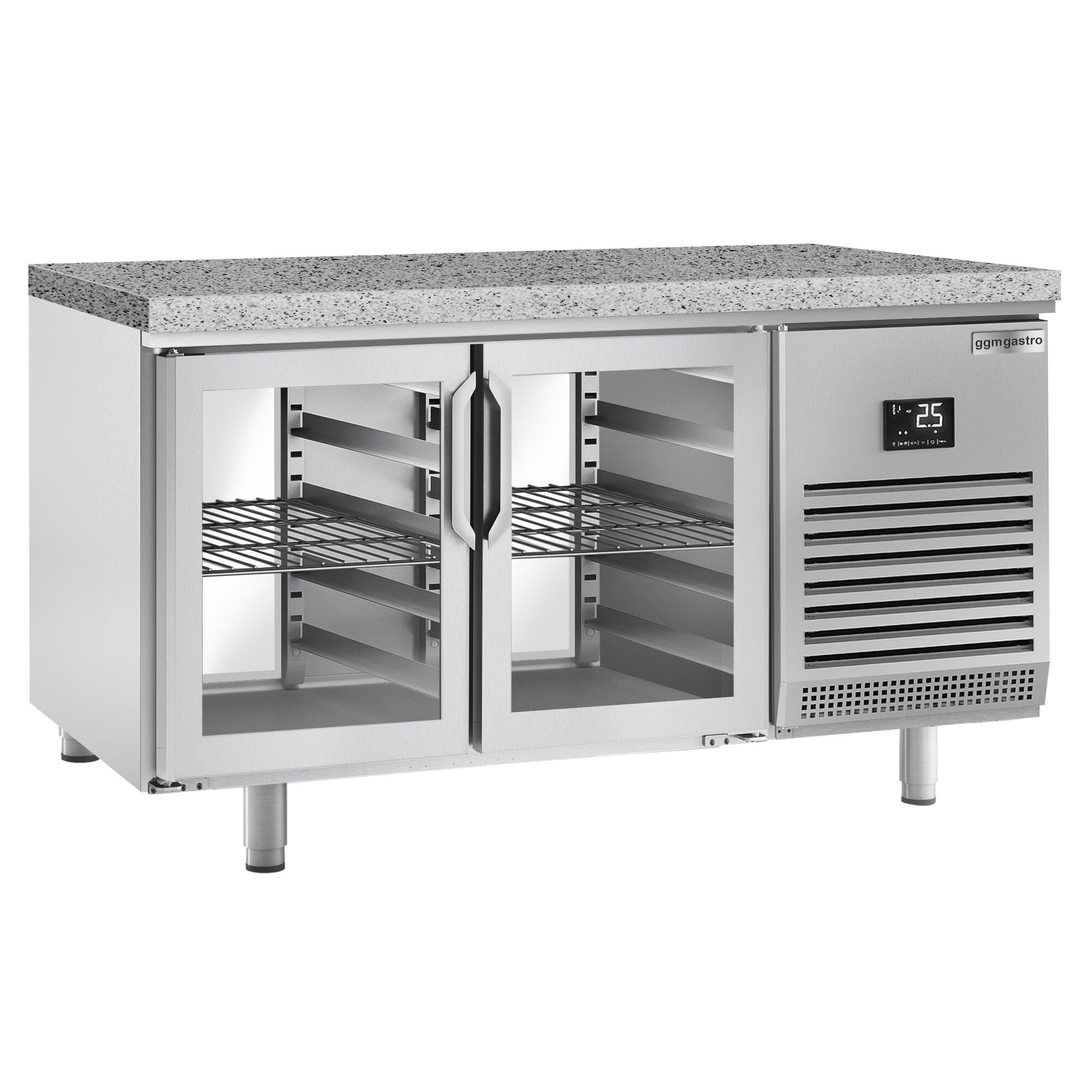 Table réfrigérée de boulangerie Premium PLUS - 1618x800 mm - avec portes vitrées des deux côtés & plan de travail en granit