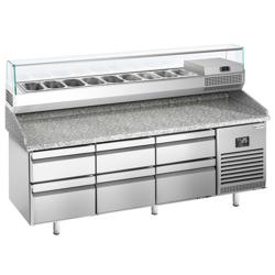 Pizzawerkbank PREMIUM PLUS - 1980x700mm - met granieten werkblad - met 6 laden - incl. glasvitrine - 9x GN 1/4