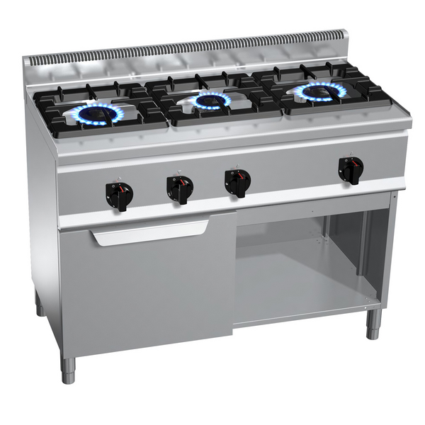 Fogão a gás com 3 queimadores (34,5 kW) incluindo forno a gás estático (3,5 kW)
