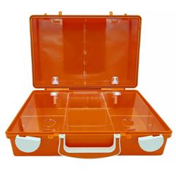 Kit de primeiros socorros SAN - cheio com norma DIN 13157 ampliado - plástico ABS - Laranja - com montado na parede, cruz sinalética - incl. suporte de parede, kit de montagem, sinalética fotoluminescente