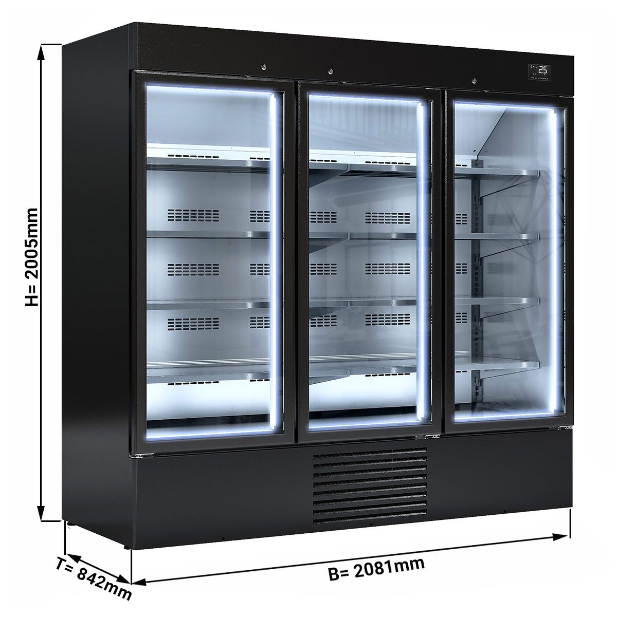 Vitrine murale réfrigérée - 2081mm - 2030L - avec 3 portes coulissantes vitrées & 8 étagères - arrière fermé - Noir