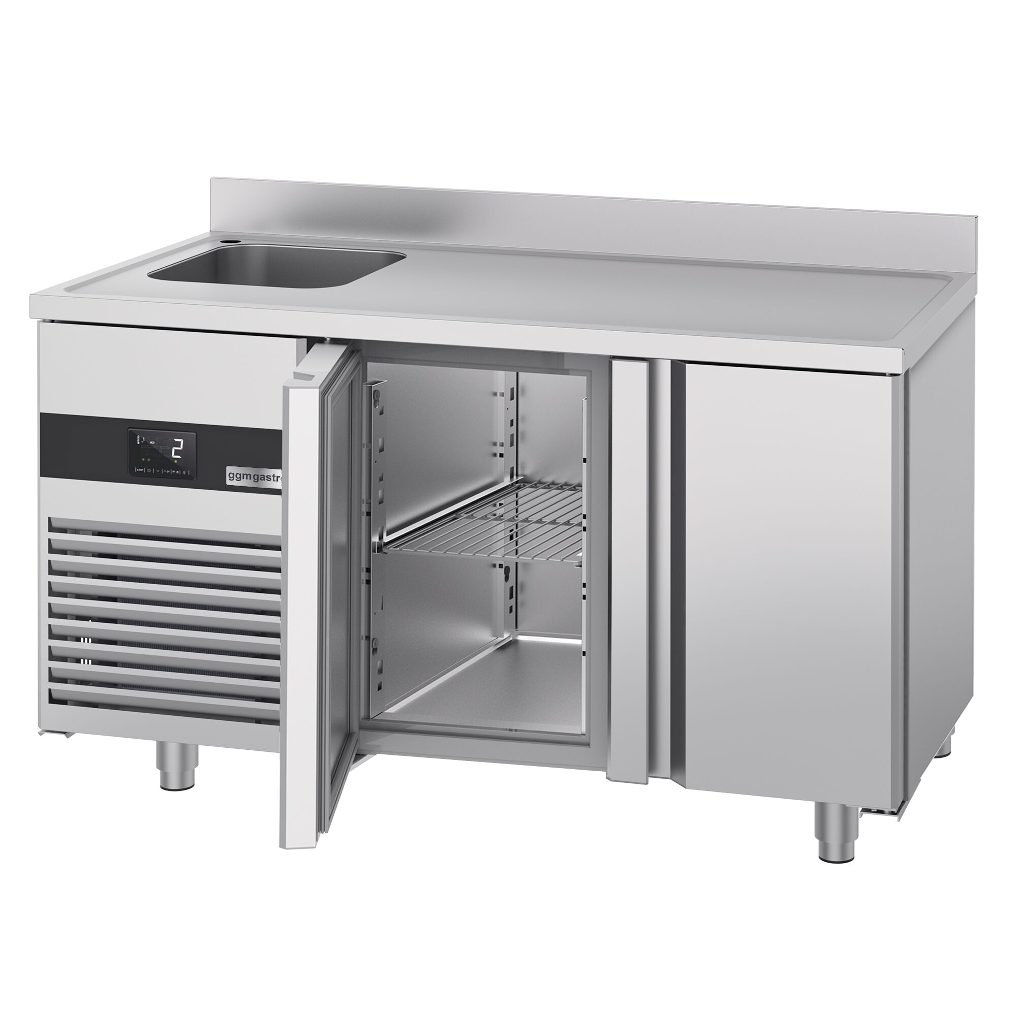 Table réfrigérée PREMIUM - 1430 x 700 mm - avec 2 portes, 1 bac à gauche - dosseret