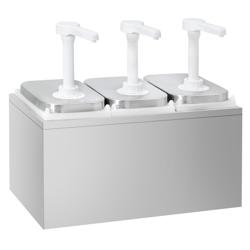 Szószadagoló - Rozsdamentes acél AISI 304, polipropilén tartályok - 3x 2,0 l - 375x215x325 mm - állítható adagolás: 30 ml - tartállyal - tartozékokkal: Nemesacél állvány; 3 tartály; 3 adagolópumpa