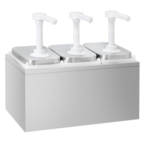 Dispensador de molhos - 3x 2L - PP e aço inoxidável 18/8 - 375x215x325mm - doseamento regulável - com recipiente - incl. suporte para dispensador de molho