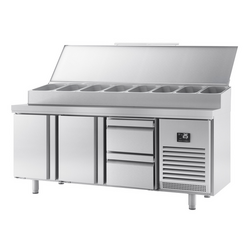 میز یخچالی آماده سازی - 1960*600 میلیمتر - دو درب و 11x GN 1/4 دو کشو - ویترین استیل