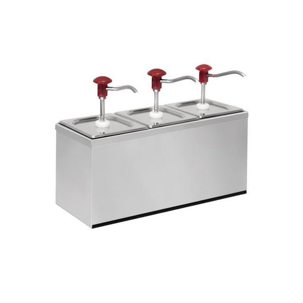 Såsdispenser - 3x 2 l - 500x180x340 mm - passar till GN 1/6-behållare, 200 mm djup - justerbar dosering - med behållare - droppsäker pip - inkl. rostfritt ställ