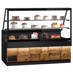 Csemegepult TORONTO - 2000x880 mm - 568 liter - ventilációs - dupla üvegezés - fa borítású természetes fa dekor - 2 polccal - fekete gránit munkalap