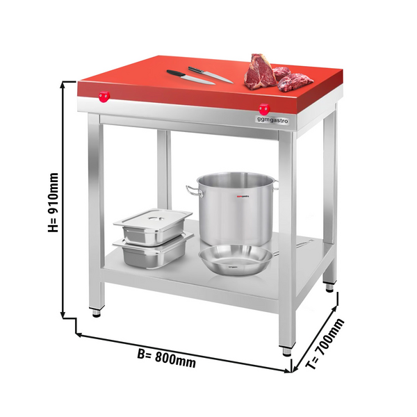 Mesa de trabajo de acero inoxidable PREMIUM - 0,8 m - con base - placa de corte incluida en rojo