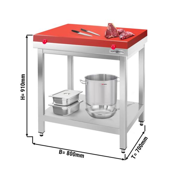 Mesa de Trabalho em Aço Inox, PREMIUM - 0,8 m - Bancada de trabalho com 60 mm de Espessura (Vermelho)