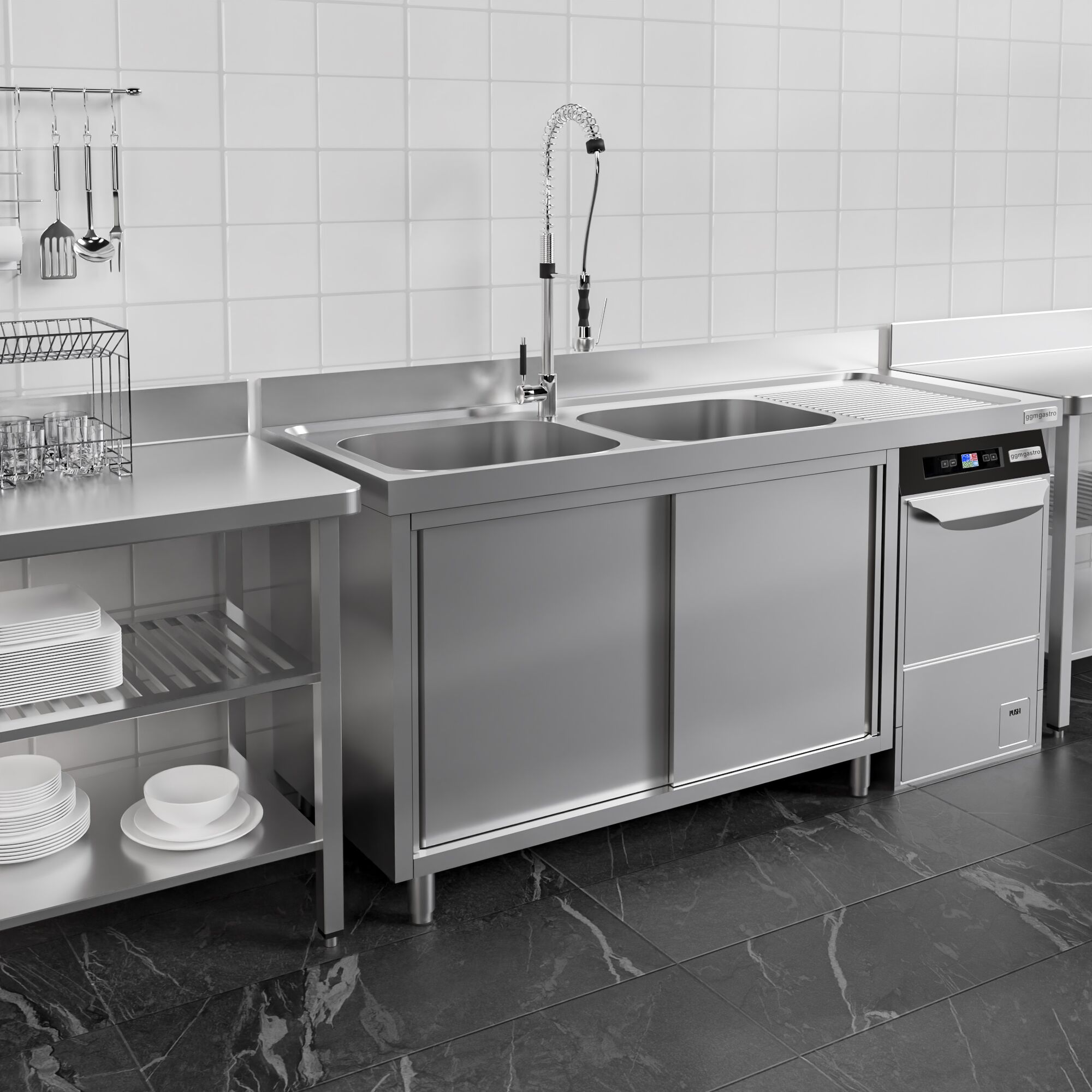 Plonge inox professionnelle PREMIUM - 2000x600mm - 2 bacs à gauche - avec égouttoir à droite