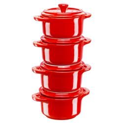 (4) STAUB| Ceramic Mini Cocotte Set, Round – Cherry Red - Ø 100 mm - 0.20 L Each