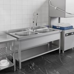 Plonge en inox PREMIUM - 1400x700mm - avec étagère basse - 2 bacs au centre
