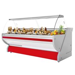 Soğuk Teşhir Dolabı - 2965x1150mm - 4 adet rezerv bölmeli - bombe camlı - LED aydınlatma; statik soğutma; dijital termostat - ön panel kırmızı; granit tezgah