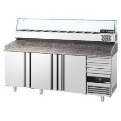 Mesa pizzera refrigerada PREMIUM - 2150x800mm - encimera de granito - con 3 puertas ciegas y 3 cajones - incl. vitrina refrigerada superior - 10x GN 1/3
