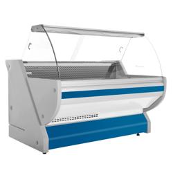 Banco gastronomia professionale / Banco Macelleria  - 2025x1150mm - Statica - 400 L - Vetro curvo - Colore Blu - piano di lavoro in granito
