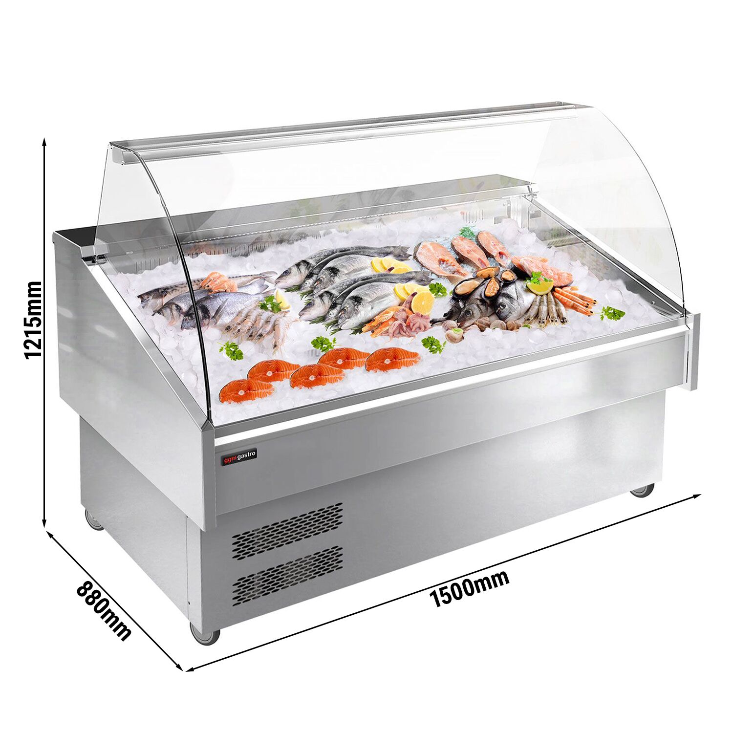 Fish Display Counter / Fish Serve Over Counter - 1500mm - double-glazed curved front glass - LED lighting - with wheels - temperature -1°C to +1°C