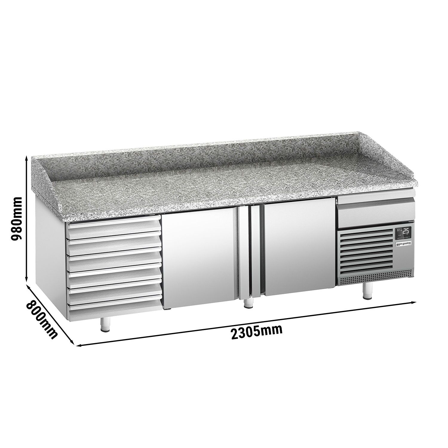 Commercial Pizza Prep Counter - Granite Top PREMIUM PLUS - 2305x800mm - with 2 doors & 7 drawers