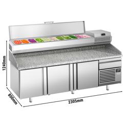 Pizzawerkbank PREMIUM PLUS - 2305x800mm - granieten werkblad - met 3 deuren - incl. koelopzetvitrine - 11x GN 1/4