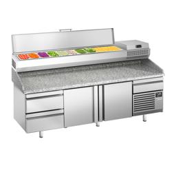 Pizzawerkbank PREMIUM PLUS - 2305x800mm - met granieten werkblad - met 2 deuren & 2 laden - incl. opzetkoelvitrine - 10x GN 1/3