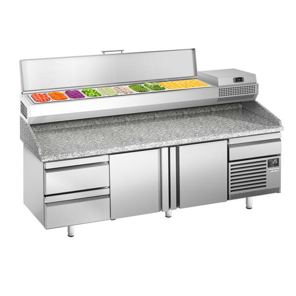 Pizzawerkbank PREMIUM PLUS - 2305x800mm - met granieten werkblad - met 2 deuren & 2 laden - incl. opzetkoelvitrine - 10x GN 1/3