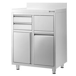 Nerezová pracovní skříňka - 800x600 mm - s odklepávačem, 2 zásuvkami, 1 dveřmi - se zadním lemem