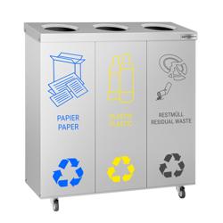 Pattumiera per raccolta differenziata - 3 scomparti da 25 litri ciascuno - 755x255x725mm - con 4 ruote (2 con freno), contenitori estraibili, set adesivi per carta/plastica/indifferenziato/organico - Acciaio inox