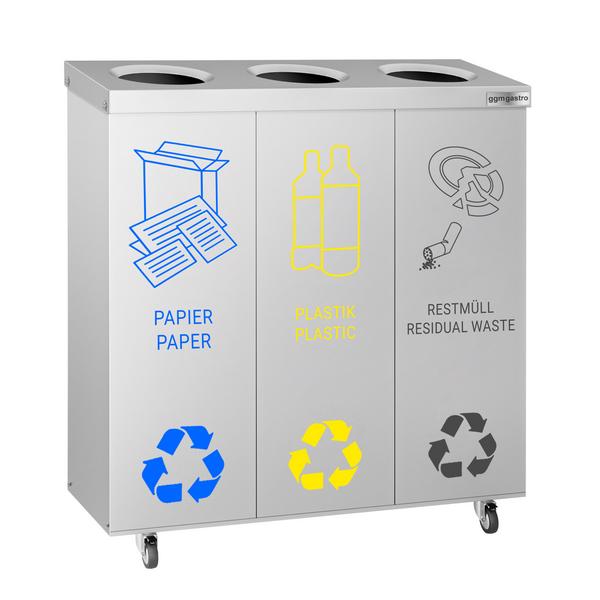 Poubelle de tri sélectif - 3 bacs de 25L chacun - 75L - 755x725x255mm - avec roulettes, bacs amovibles, autocollants de tri - Acier inoxydable