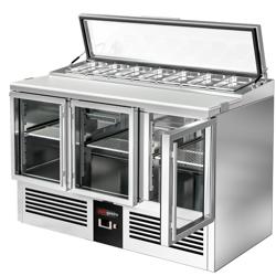 Mesa saladette refrigerada - 1365mm - 248L - 3 puertas de cristal - con hueco para 7x GN 1/3 & tapa de cristal