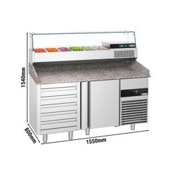 Pizzawerkbank PREMIUM - 1550x800mm - met granieten werkblad - met 1 deur & 5 laden - incl. glasvitrine - 6x GN 1/3