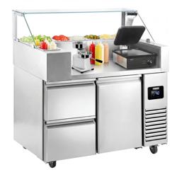 Commercial Refrigerated Prep Table – Glass Top – 1 Door – 2 Drawers – 1210 mm – for 9× GN 1/6 – Includes contact grill & Hamburger Press