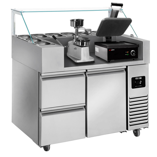 Masă de preparare - 1,21 x 0,7 m - cu 1 ușă și 2 sertare 1/2 - incl. contact grill & masina de facut hamburgeri