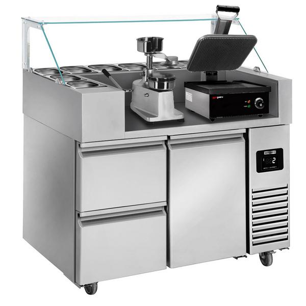 Commercial Refrigerated Prep Table – Glass Top – 1 Door – 2 Drawers – 1210 mm – for 9× GN 1/6 – Includes contact grill & Hamburger Press