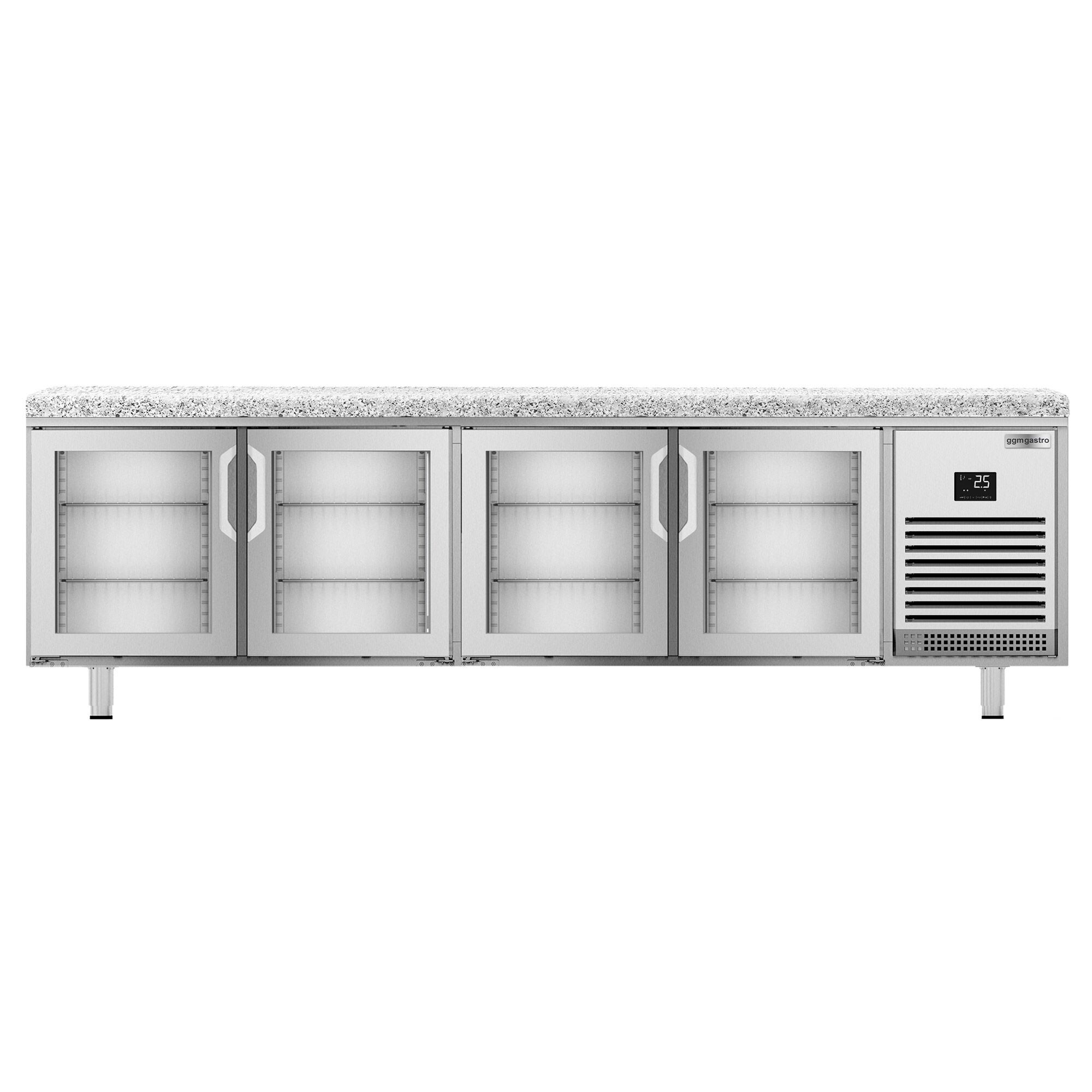 Table réfrigérée de boulangerie PREMIUM PLUS - 2752x800 mm - 4 portes vitrées & plan de travail en granit