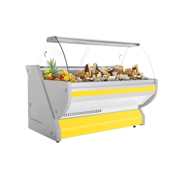 Banco gastronomia professionale / Banco Macelleria  - 2025x1150mm - Statica - 400 L - Vetro curvo - Colore Giallo - Pannello frontale Giallo - Sportelli posteriori 2 scorrevoli - piano di lavoro in granito - servizio assistito
