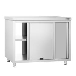 Tavolo armadiato passante in acciaio inox PREMIUM - 1200x600mm - con 4 porte scorrevoli su due lati