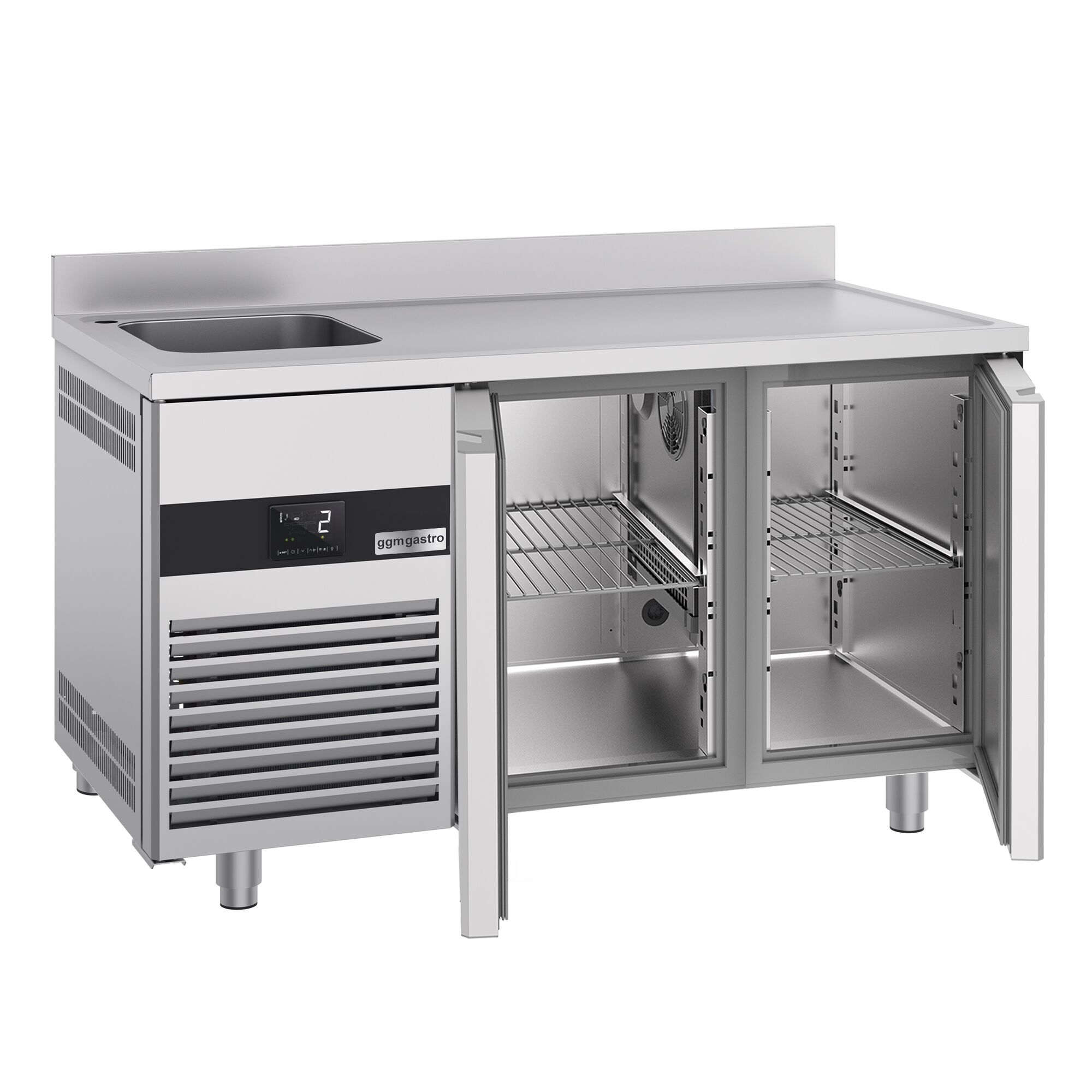 Table réfrigérée PREMIUM - 1430 x 700 mm - avec 2 portes, 1 bac à gauche - dosseret