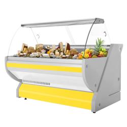 Serve Over Counter - 2025x1150mm - curved front glass - granite worktop - yellow front - capacity 400 litres