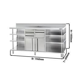 RVS werkkast - voor koffiezetapparaat - 1960x600mm - met draaideuren, 2 laden links & achteropstand