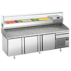 Pizzawerkbank PREMIUM PLUS - 2305x800mm - met granieten werkblad - met 3 deuren & 1 laden - incl. glasvitrine - 10x GN 1/3