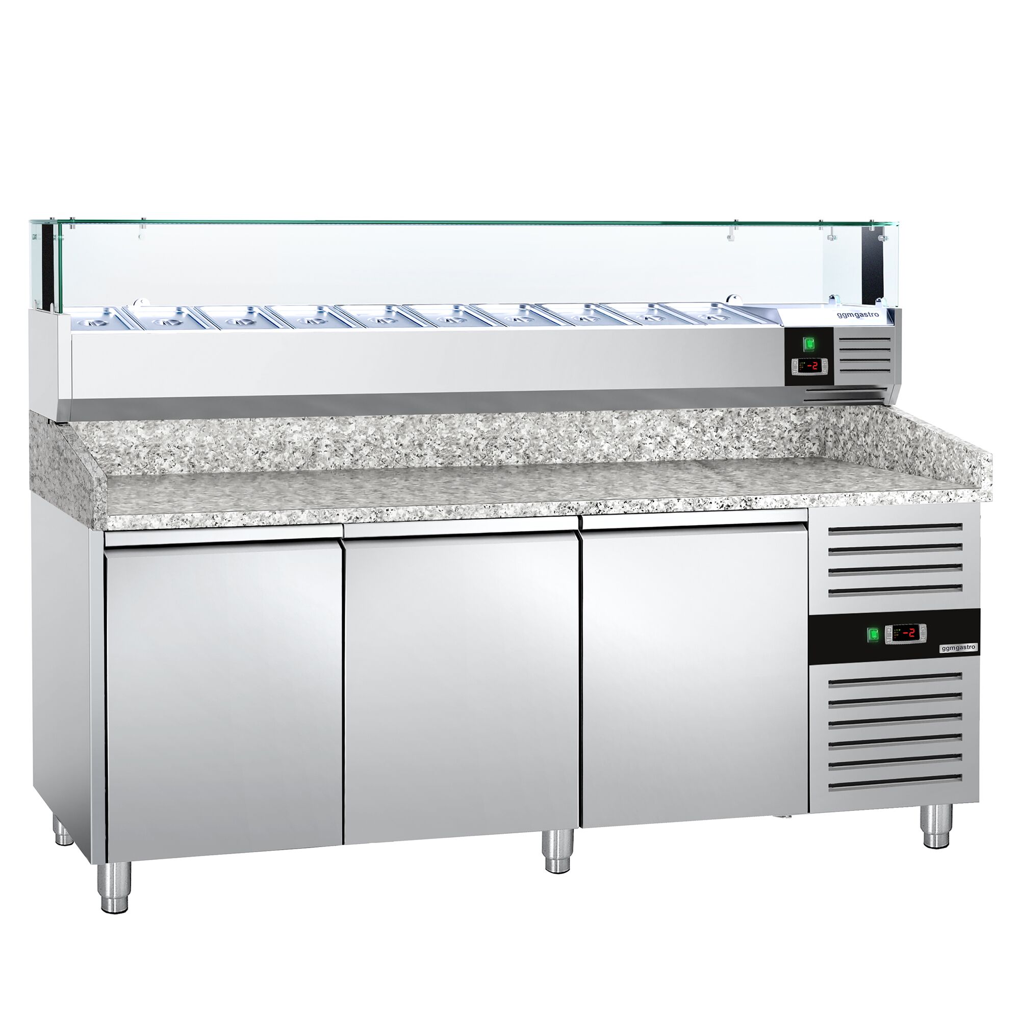 Pizzakühltisch PREMIUM - 2000x800mm - mit 3 Türen - inkl. Kühlaufsatzvitrine LED - 10x GN 1/4