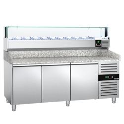 Pizzakühltisch PREMIUM - 2000x800mm - mit 3 Türen - inkl. Kühlaufsatzvitrine LED - 10x GN 1/4