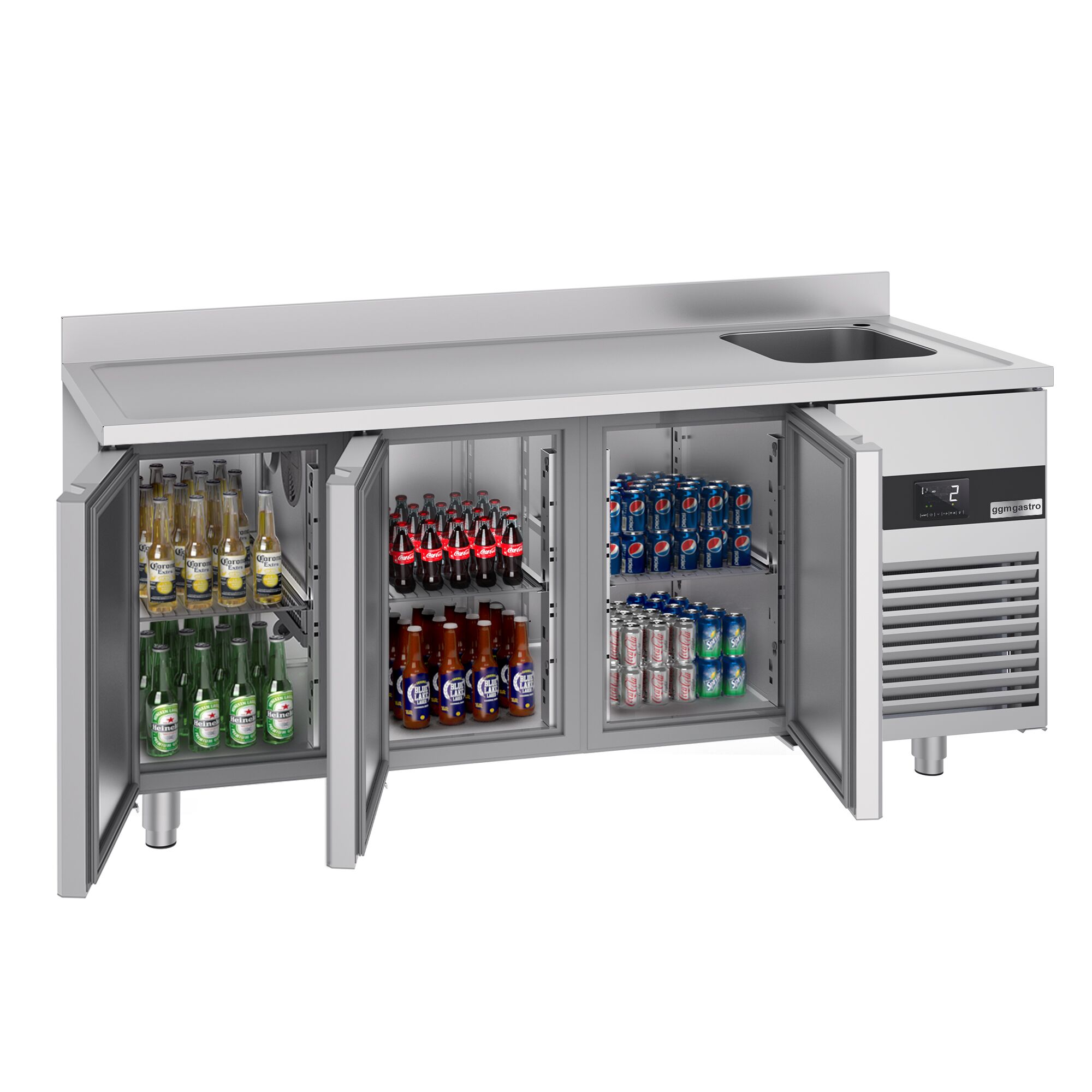 Table réfrigérée PREMIUM - 1900 x 700 mm - avec 3 portes, 1 bac à droite - dosseret