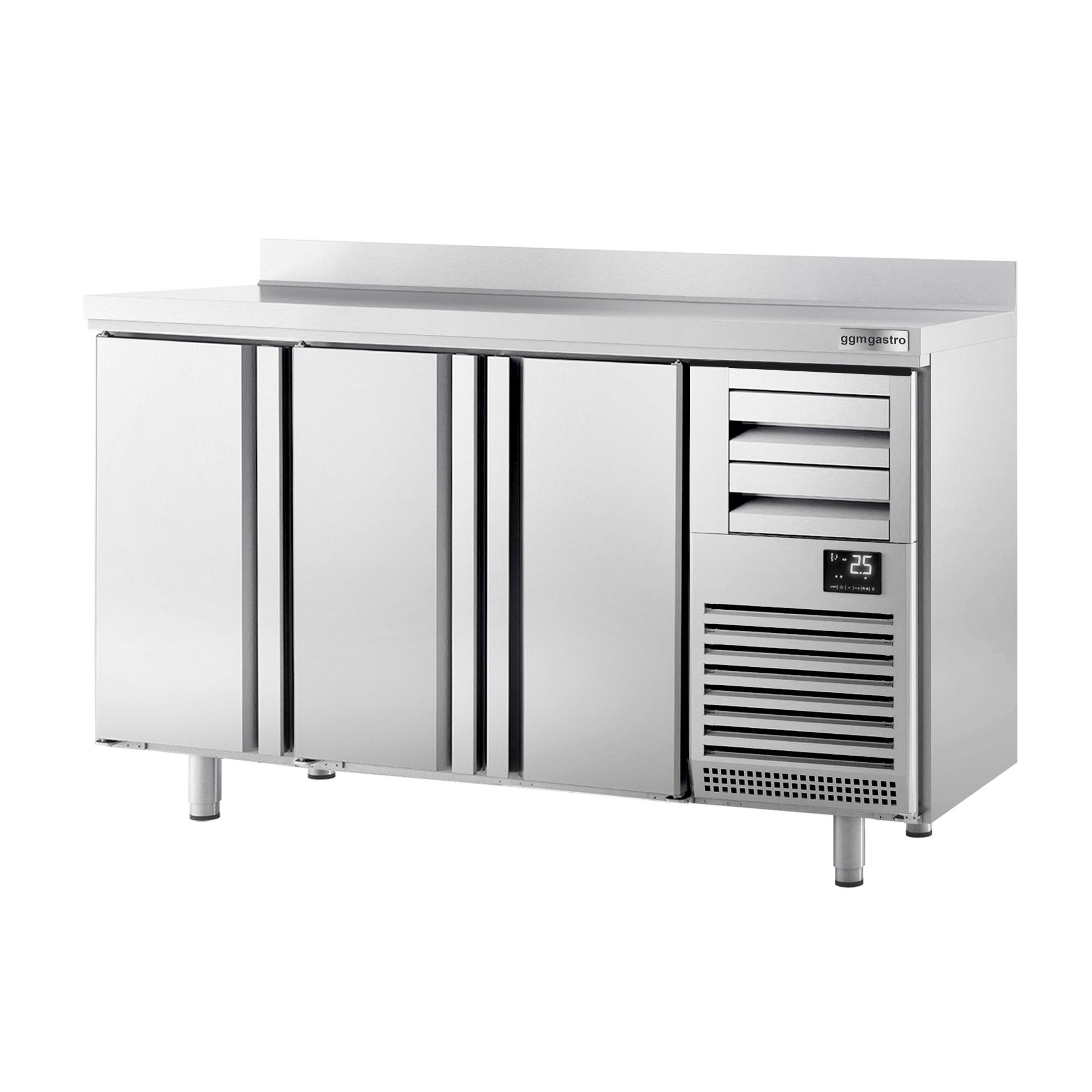 Arrière-bar réfrigéré professionnel Premium PLUS - 1960 x 600 mm - avec 3 portes, 2 tiroirs et dosseret