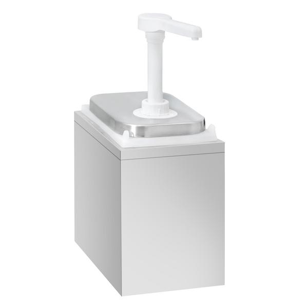 Sausdispenser - RVS 18/10 met PP bak - 2L - 135x215x325mm - instelbare dosering - met bak - lekvrije uitloop - incl. RVS frame