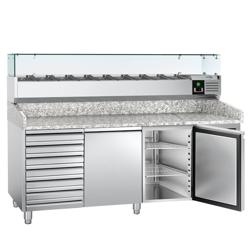 Pizzawerkbank ECO - 2025x800mm - met granieten werkblad - met 2 deuren & 7 laden - incl. glasvitrine - 10x GN 1/4