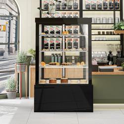Vetrina pasticceria refrigerata - 950l - 1200mm - Doppio vetro - con 3 ripiani - porte posteriori scorrevoli; LED interni; 4 lati vetro - Nero
