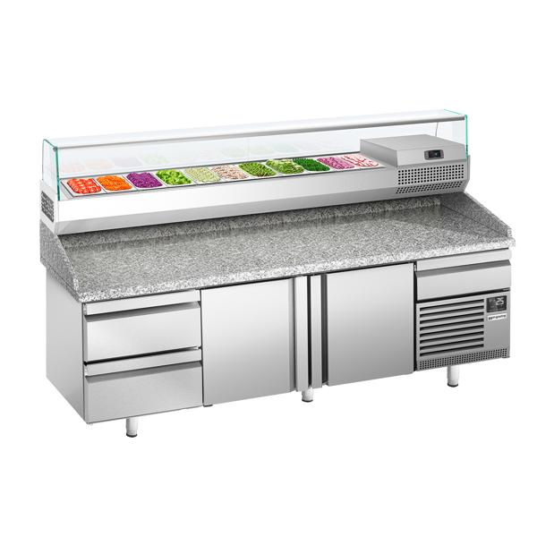 Pizzawerkbank PREMIUM PLUS - 2305x800mm - met granieten werkblad - met 2 deuren & 2 laden - incl. glasvitrine - 11x GN 1/4