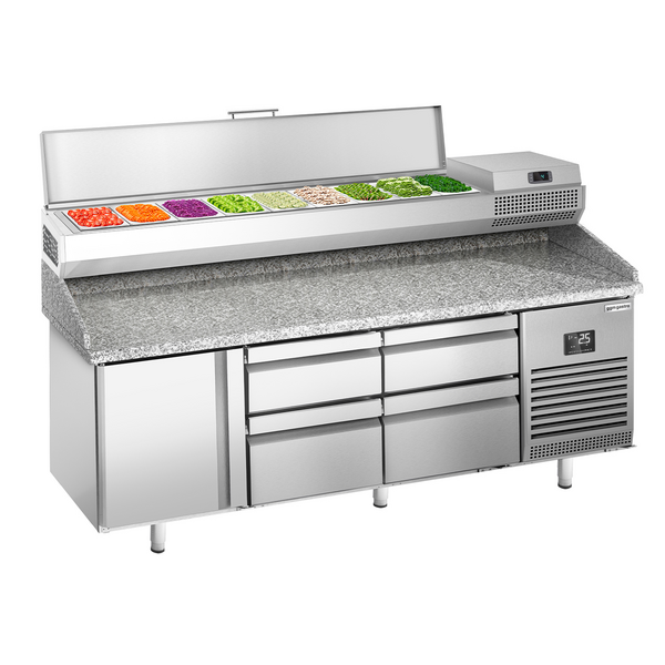 Pizza hazırlık tezgahı Premium PLUS- 1980x700mm - 1 kapılı & 4 çekmeceli - soğutmalı vitrin dahil - 9x GN 1/4